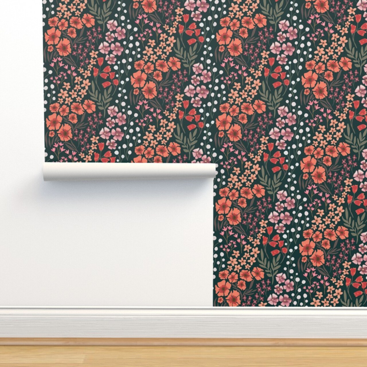 Dark Floral Botanical Garden Delicate Romantic Graceful Green Coral Orange Custom Pre-pasted Wallpaper by Spoonflower Pre-Pasted Wallpaper 2FT Wide